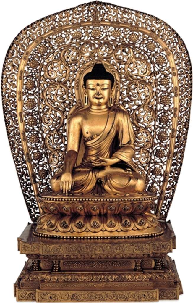 British Museum Top 20 Buddhism 08 Shakyamuni Gilt-bronze 8. Gilt-bronze figure of Shakyamuni  China, 1403-24 AD, 50cm high. This important image of the historical Buddha, Shakyamuni, displays the integration of Chinese and Tibetan Buddhist art in both its intricate design and metal-casting technique. It is one of the largest and most ornate Sino-Tibetan bronzes surviving from the early fifteenth century. The bronze is cast in three sections: the Buddha and the double lotus throne, the rectangular stepped base and the background mandorla, which is pierced with fire and floral scrolls. The figure's gesture indicates that Shakyamuni has just warded off temptation and gained peace and truth. Photo: http://www.britishmuseum.org.